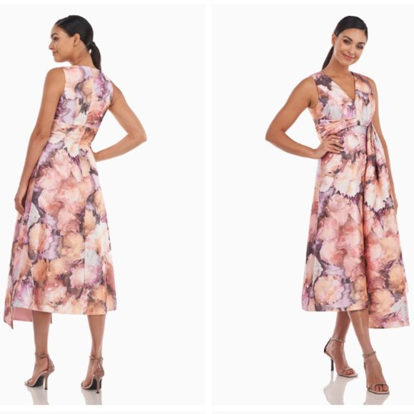 KAY UNGER LANI FLORAL PRINT METALLIC ORGANZA PINK MULTI MIDI DRESS sz 6 - Picture 6 of 6